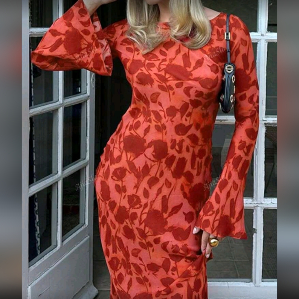 Floral Printed Long-Sleeved Elegant Round-Neck Basic Dress For Autumn Women's We - Picture 3 of 4